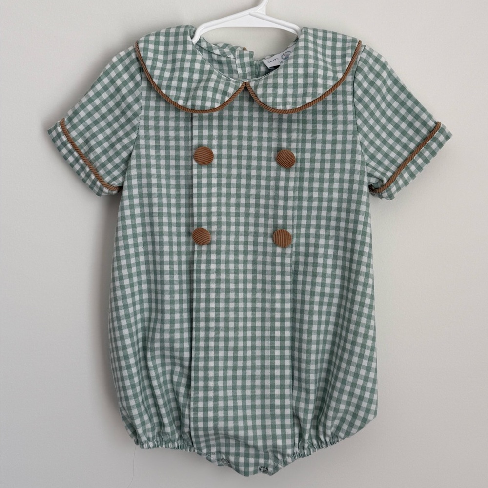 Children's Green Gingham Short-Sleeve One-Piece Romper